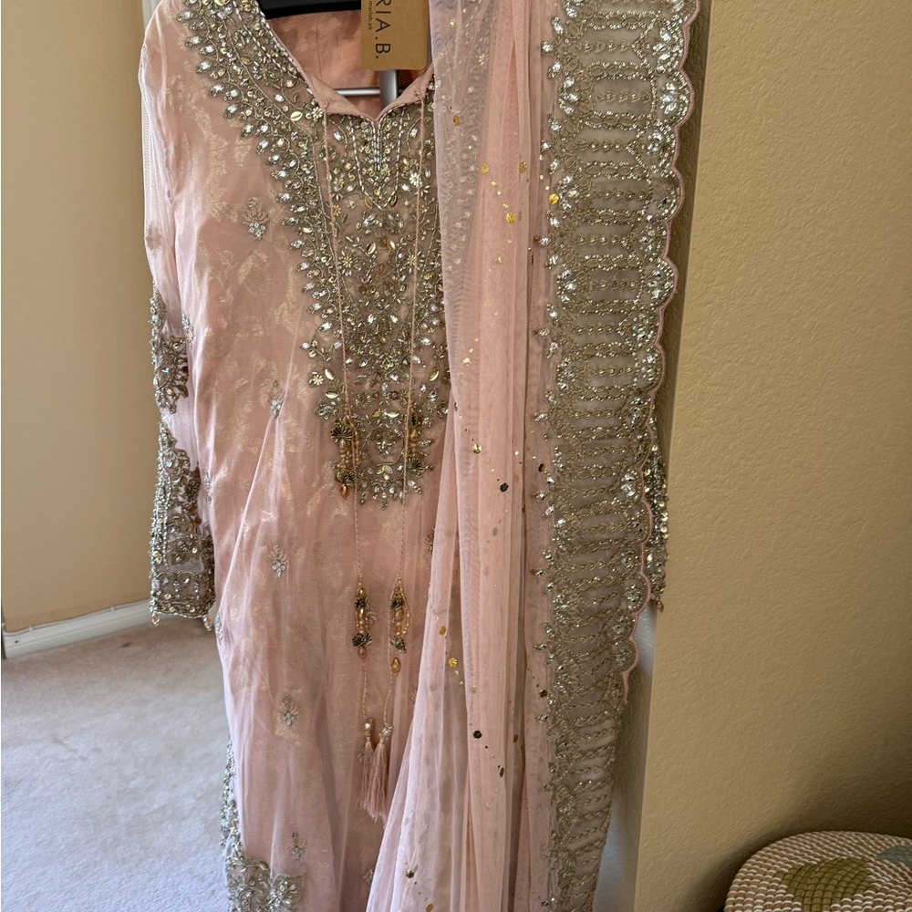 Elegant Pink Long Sleeve Dress with Embellishments
Designer Maria B